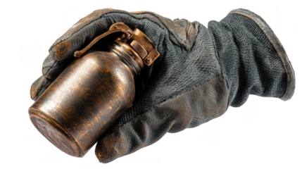 Gloved hand carefully holding a molotov cocktail, ready to be used, isolated on transparent background, creating a dramatic and tense atmosphere