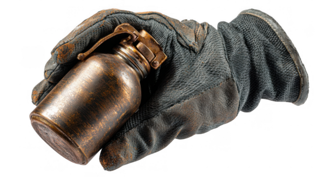 Gloved hand carefully holding a molotov cocktail, ready to be used, isolated on transparent background, creating a dramatic and tense atmosphere