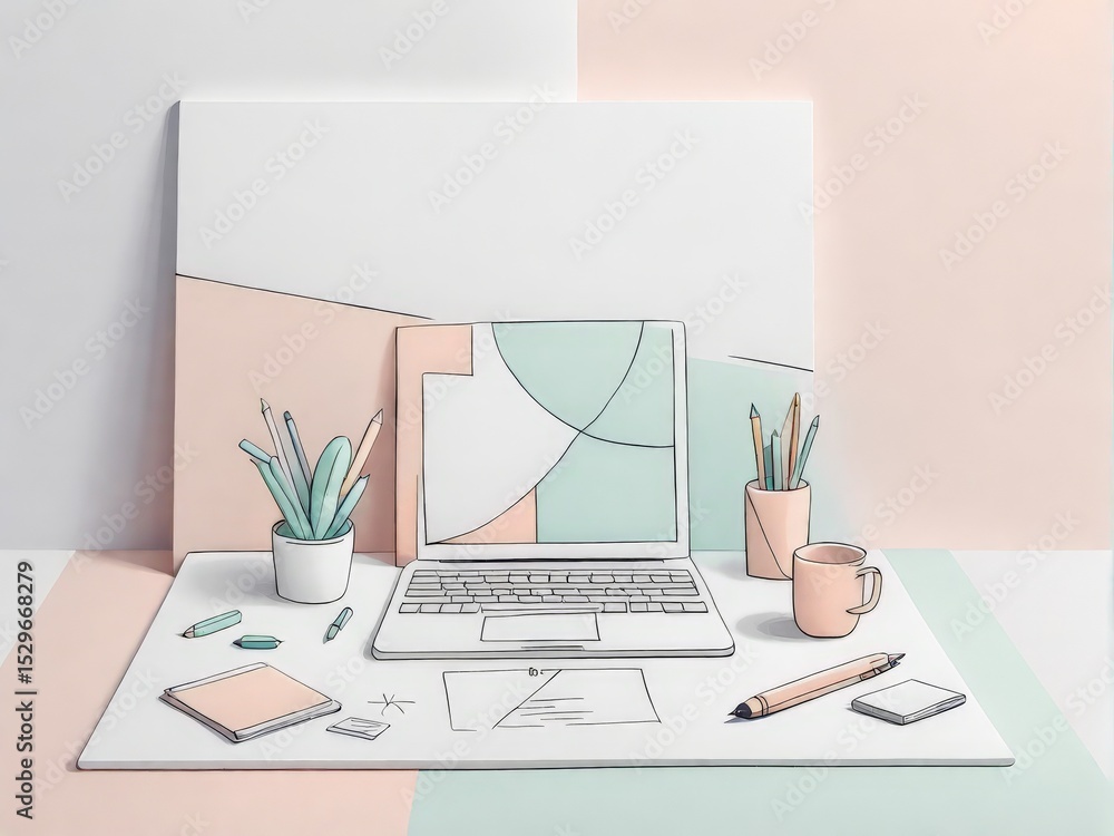 Poster modern computer keyboard with blank notebook and plant