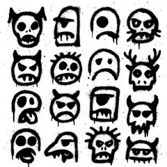 Spray Paint Monster Icons – Creepy Graffiti Characters with Blood Splatter Effect (Transparent PNG)