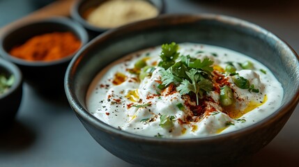fresh yoghurt salad in a bowl with other spices and condiments dinner recipe background fine dine restaurant
