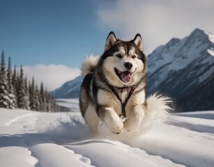 Happy dog running joyfully through fresh snow in a winter landscape, surrounded by tall evergreen trees and majestic mountains, capturing the essence of outdoor adventure and playfulness