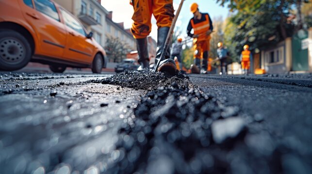 Workers in reflective gear carry out road construction on a fresh asphalt surface, exemplifying teamwork and the crucial infrastructure development in urban settings.