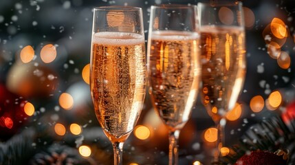 Three elegant champagne flutes filled with sparkling drink are poised against a backdrop of festive lights, encapsulating the essence of celebration and joyful moments.