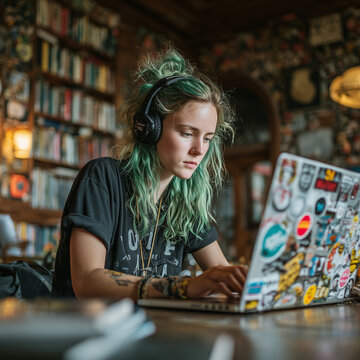 Young Woman with Green Hair Studying on Laptop in Cafe Library