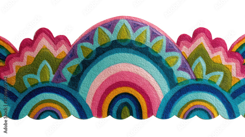Poster vibrant rainbow arches intertwining with intricate mandala designs create a cheerful, decorative bor