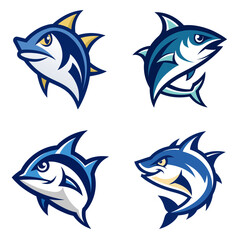 Naklejka premium Four stylized blue and white fish with various fin designs and expressions on a white background design