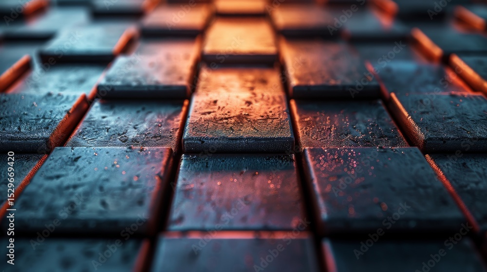 Poster a close-up view of wet textured tiles glowing softly under warm lights, creating an intriguing patte