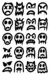 Spray Paint Monster Icons – Creepy Graffiti Characters with Blood Splatter Effect (Transparent PNG)