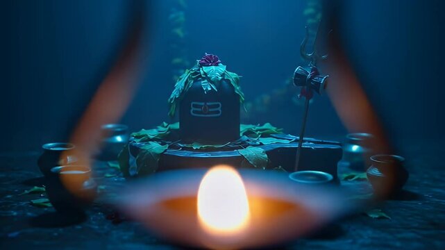 Dark Stone Shiva Lingam Shrine with Candlelight Brass Vessels and Floral Adornments in a Mystical Setting