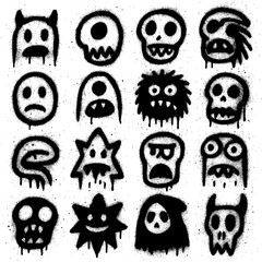 Spray Paint Monster Icons – Creepy Graffiti Characters with Blood Splatter Effect (Transparent PNG) © FriskySloths