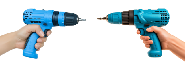 Hand Holding a Blue Power Drill Tool isolated on white or transparent background PNG