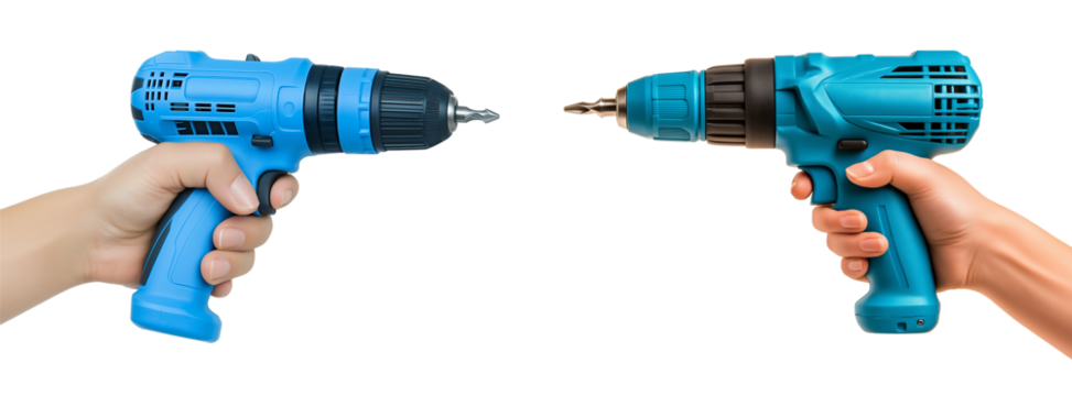 Hand Holding a Blue Power Drill Tool isolated on white or transparent background PNG
