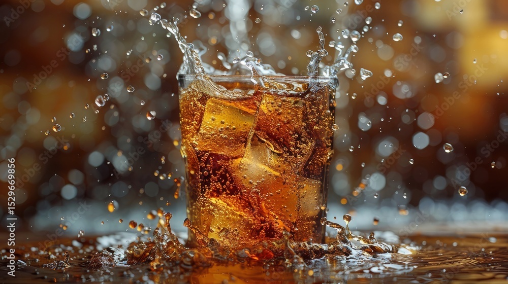 Aufkleber an energetic capture of a drink splashing with ice cubes in a glass, creating a dynamic composition 