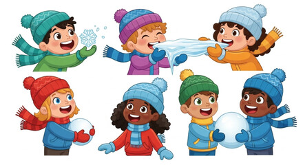  Children cartoon characters eating snow licking icicle catching snowflake vector illustration