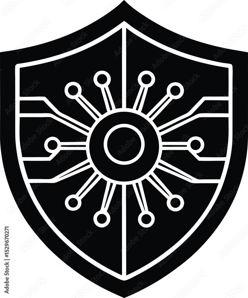 Poster cyber security shield with central core network, silhouette data protection and security