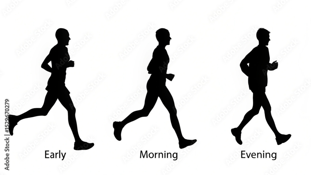 Poster silhouettes of a man running at different times of the day early morning and evening on a white back