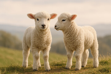 Fototapeta premium Two fluffy white lambs standing together on a grassy hill, bathed in golden evening light. A gentle and peaceful rural moment in springtime.