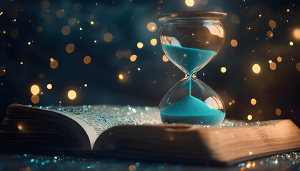 An enchanted hourglass floating above a book stand