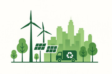 Naklejka premium Flat eco-friendly city illustration with solar panels, wind turbines, trees, and a recycling truck. Clean energy and sustainability concept for World Environment Day.