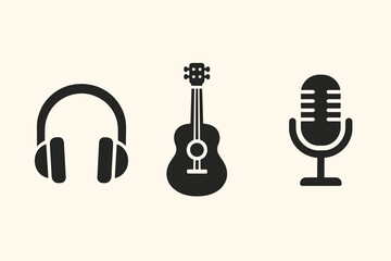 Simple Music Icon Set Headphones, Ukulele, Microphone