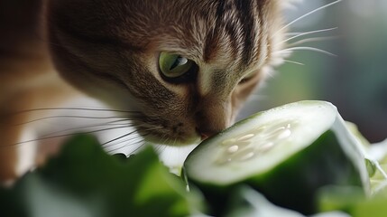 Funny cat of the breed sniffs exotic fruit cucumis metuliferus cucumber closeup soft focus