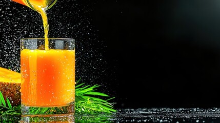 Refreshing Orange Juice Being Poured Into a Glass with Splash on Black Background