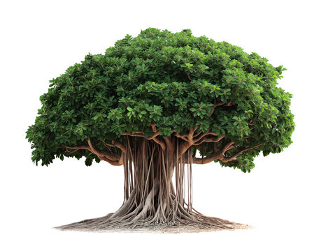 Majestic Banyan Tree with Lush Green Foliage and Exposed Roots isolated on white or transparent background PNG