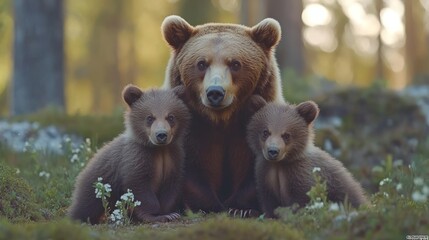Obraz premium Brown bear mother with cubs in forest