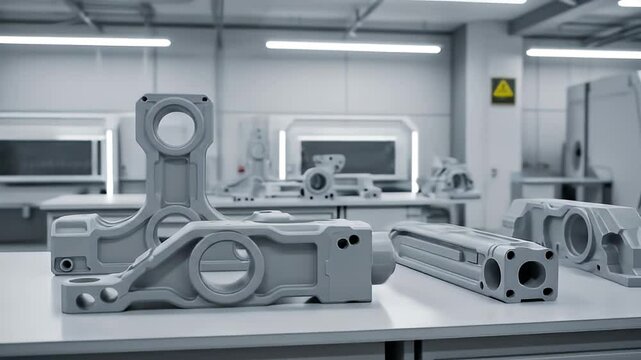 Detailed View of Industrial Machine Parts on White Table in White Workshop with Modern Machinery for Adobe Stock