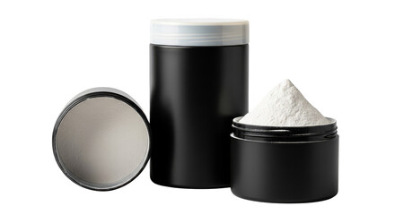Black containers of nutritional supplements on black background