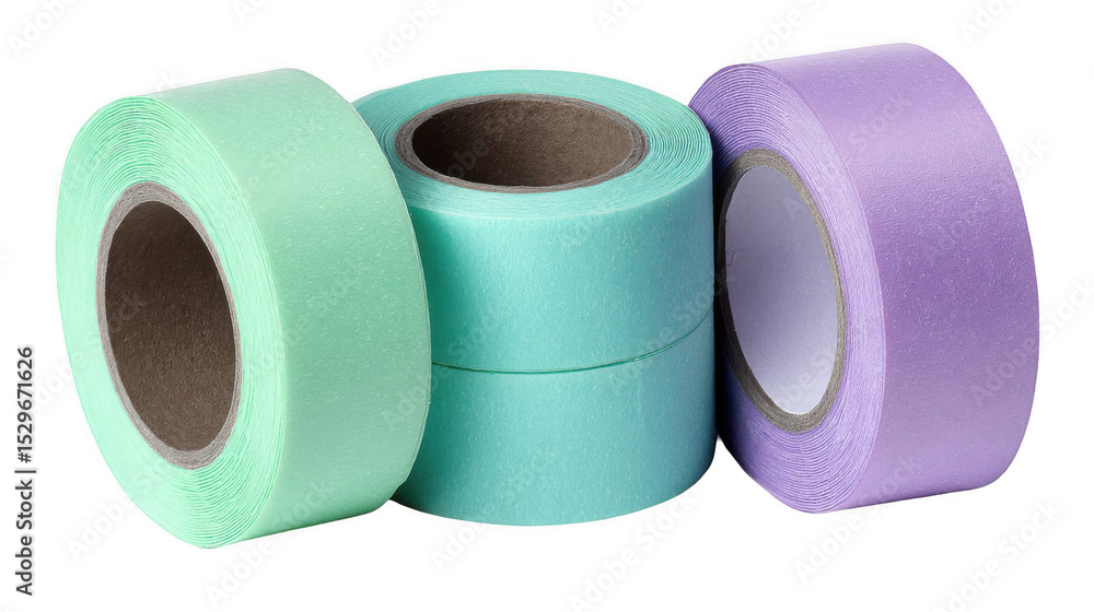 Poster three mini tape rolls in mint green and lavender arranged together, creating a colorful composition 
