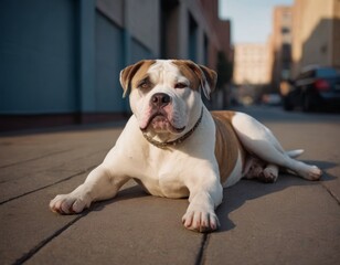 Dog lying on a city street, showcasing its relaxed demeanor, with urban buildings in the background, capturing the essence of a peaceful moment in a bustling environment