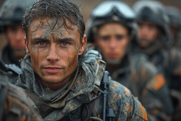 Obraz premium A young soldier with determined eyes is blurred by comrades in the background, embodying the grit and resilience of military life, with mud adding to the intensity of the scene.