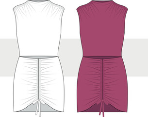 Woman party dress with gathered front sleeveless fashion technical drawing, illustration. Half turtle neck mini dress template, Cad, Mockup set. 