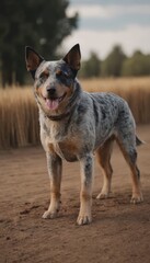 Blue heeler dog standing proudly on a dirt path surrounded by golden wheat fields, showcasing its playful demeanor and vibrant coat in a natural outdoor setting