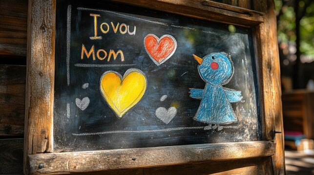 Chalkboard art of "I love Mom" with hearts and bird - Powered by Adobe