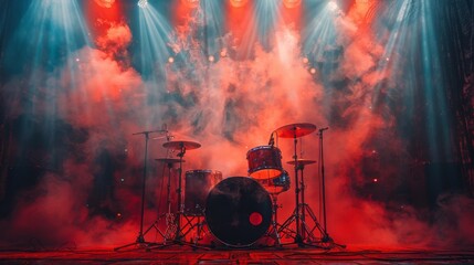 An empty drum set is set against a backdrop of dramatic red and blue lights, shrouded in fog, evoking the high energy and excitement of a live music performance.
