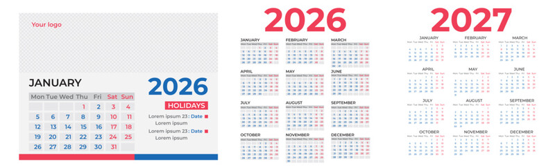 Obraz premium Realistic trending vector calendar design 2026, 2027 year. Calendar vector set template design for 2026 and 2027 year. Monthly calendar layout for 2026 and 2027 year and week start on Monday. Editable