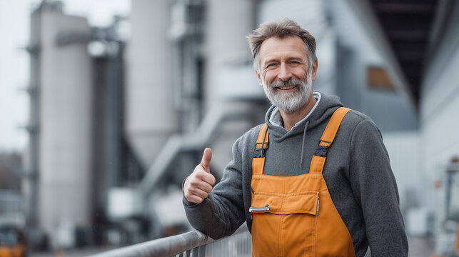 Smiling Locksmith in Orange Dungarees Holding Wrench at Concrete Plant - Powered by Adobe