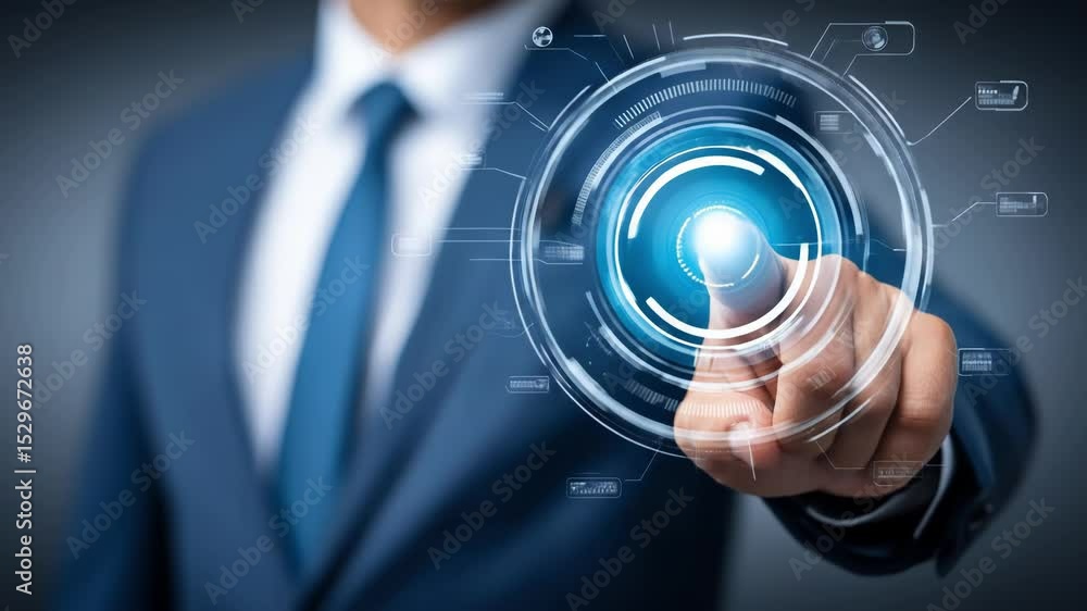 Poster a businessman touching virtual screen. seamless looping animation of digital glow particles, perfect