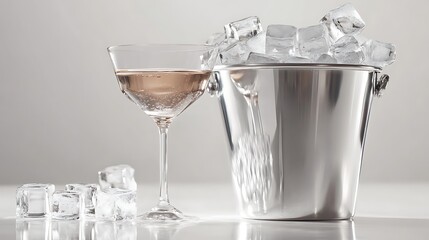 Glass with ice cubes and Ice bucket filled with ice cubes