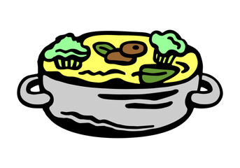 
Vector color illustration of cooked soup, in a large pot with handles, on a white isolated background