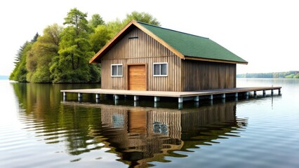 Fototapeta premium Vintage River Boathouse Photography: Classic Lakeside Scene, Old Wooden Structure, Nautical Charm