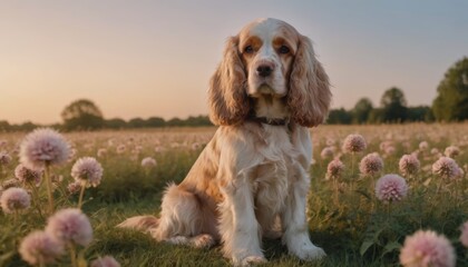 Cocker spaniel dog sitting gracefully in a vibrant field of blooming flowers during golden hour, showcasing the beauty of nature and companionship in a serene environment
