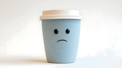 Blue coffee cup with a sad face on white background, expressing emotion in minimalist style. Concept of fatigue, stress, or low mood in daily routine.