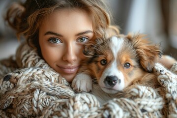 A cozy portrait of a young woman cuddling her puppy, beautifully capturing the warmth of companionship, affection, and the emotional connection between humans and pets.