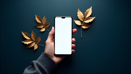 Hand Holding Android Smartphone Mockup with Blank Screen on Navy Blue Background - Golden Leaf Design Ideas