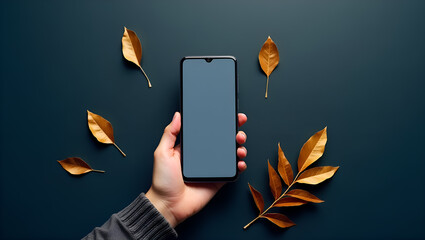 Hand Holding Android Smartphone Mockup with Blank Screen on Navy Blue Background - Golden Leaf Design Ideas