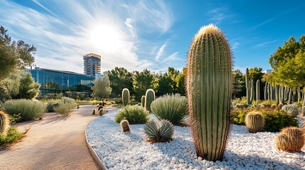 Golden barrel cactus or echinocactus grusonii with white gravels in the park